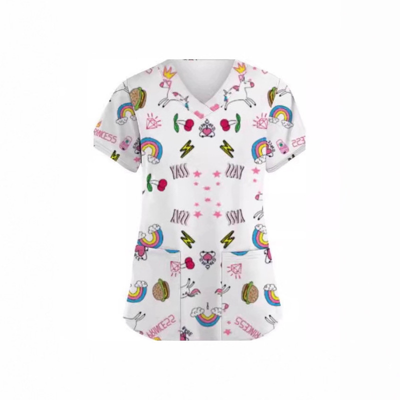 New Cross-Border Export Amazon Aliexpress New Women's V Neck Nurse Uniform Short-Sleeved 3D Printed T-Shirt Top