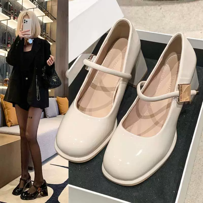 Туфли Мэри Джейн 2025 года, французский стиль, на толстом каблуке, новый фасон с юбкой, нежная весенняя лакированная кожа, с пряжкой-липучкой.