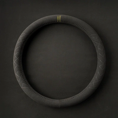 Steering wheel cover suede Steering wheel cover - grid-round-yellow-label-38cm