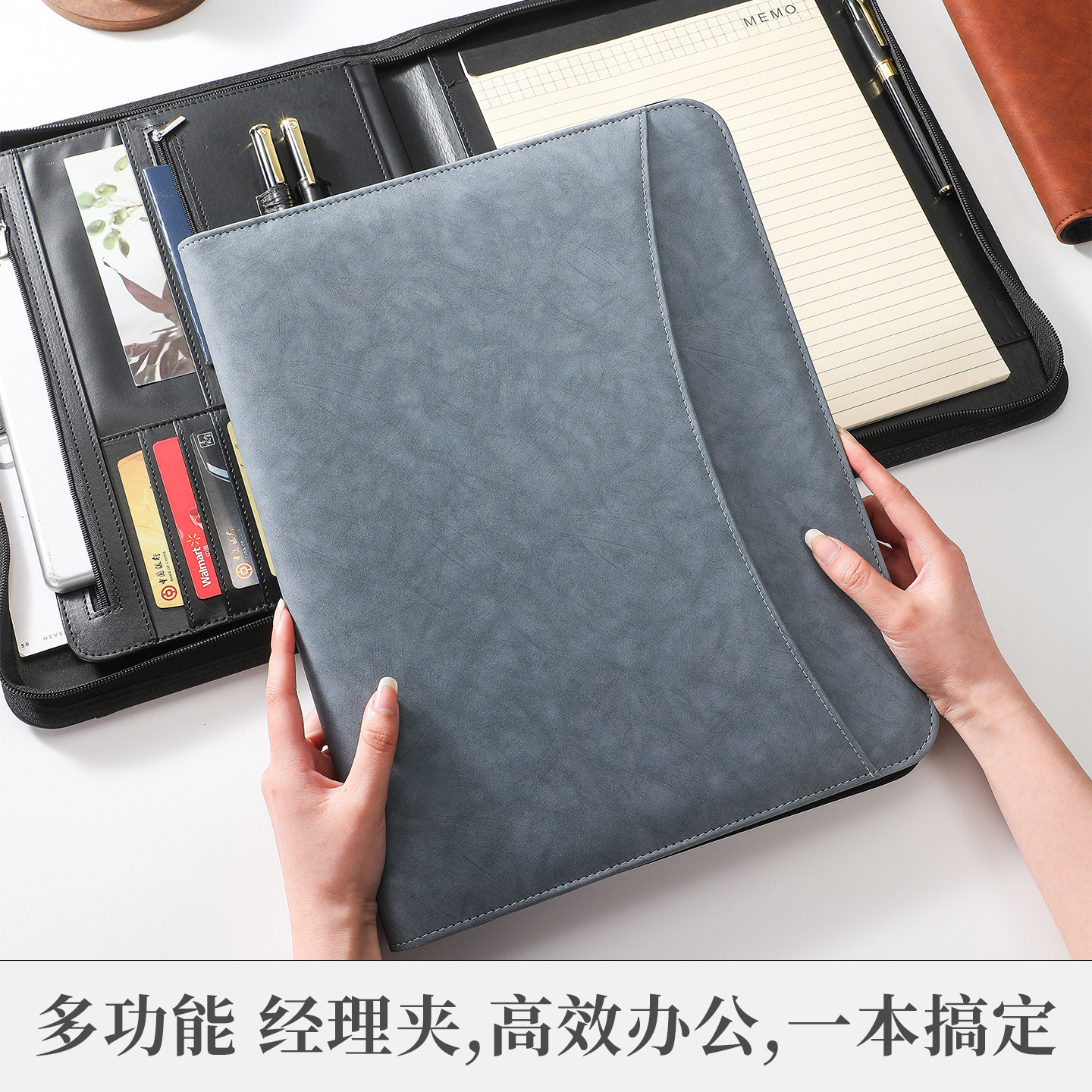 High-end A4 multi-functional manager folder, made of PU leather, with a business-style zipper closure, suitable for meetings, office use, and storing contracts and documents