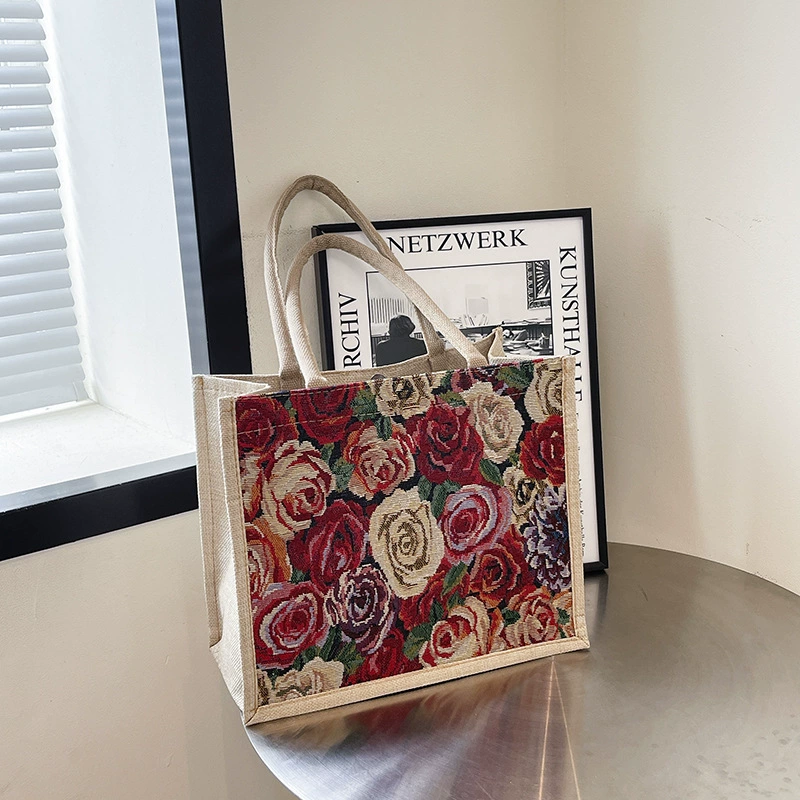 Новая модная сумка из хлопка и льна с цветочным принтом, персонализированная и универсальная женская сумка через плечо большой вместимости, универсальная сумка-тоут для поездок на работу.