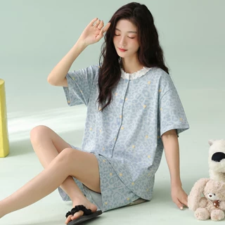 【纯棉】2026夏季新款女士睡衣短袖花边领口短裤甜美风家居服套装
