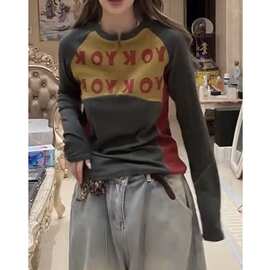 复古个性撞色时尚圆领长袖T恤女2026春季新款半拉链修身打底上衣