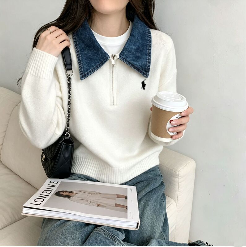 Real shot~ Denim patchwork polo collar half-zip knit top with small horse embroidery, slim fit, soft and comfortable, high-quality