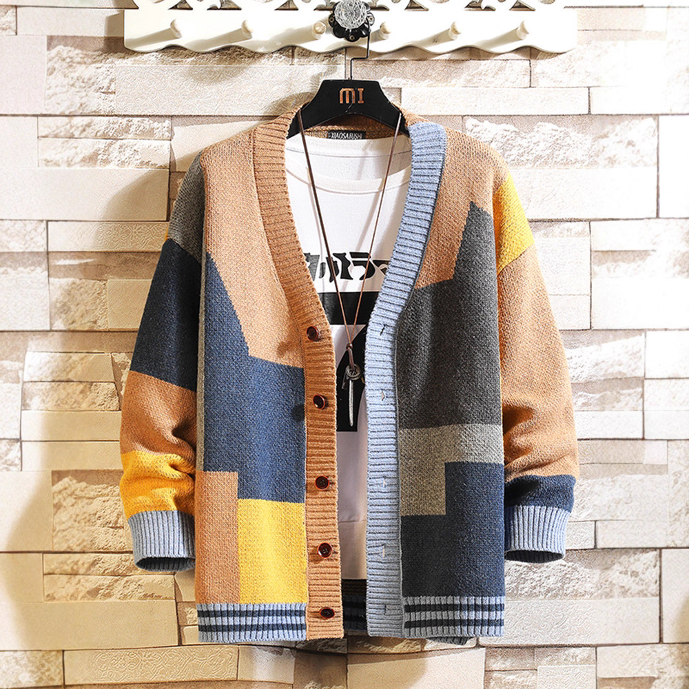 Cardigan col V pour homme – Tricot léger coupe décontractée (rouge/jaune, S-3XL)_voghion.com