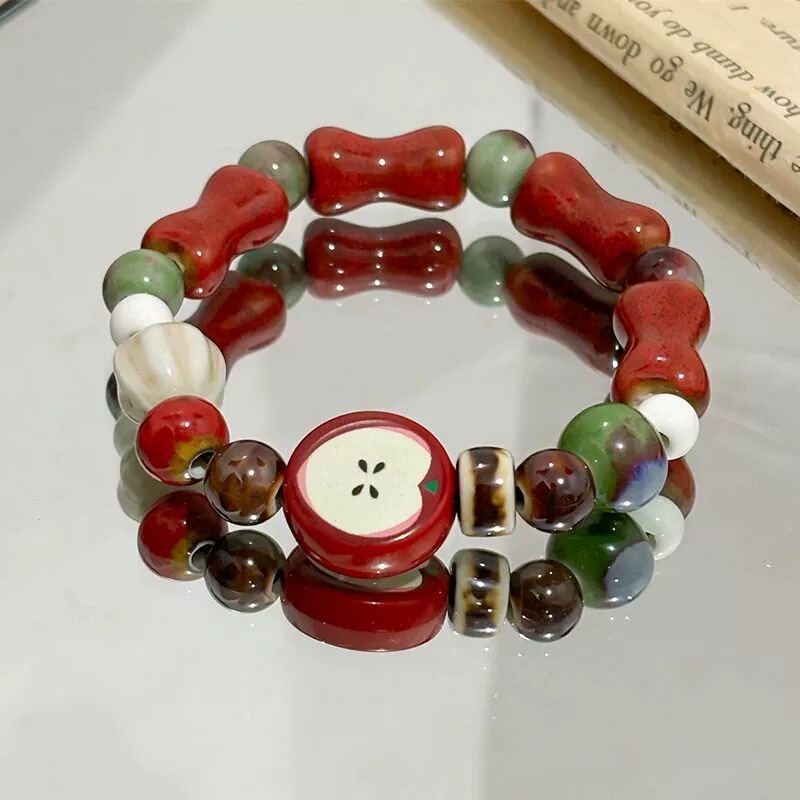 Red Apple Bone New Chinese Style Ceramic Beaded Bracelet with a High-End Feel, Sweet and Niche, Versatile Dopamine Woven Hand Rope