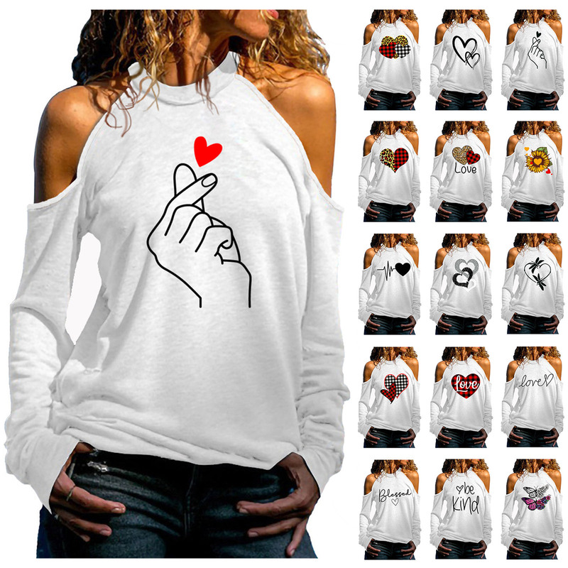 2025 Cross-Border Amazon Wish European and American Clothing Cold Shoulder Long-Sleeved Valentine's Day Heart Series Printed Sweatshirt T-Shirt
