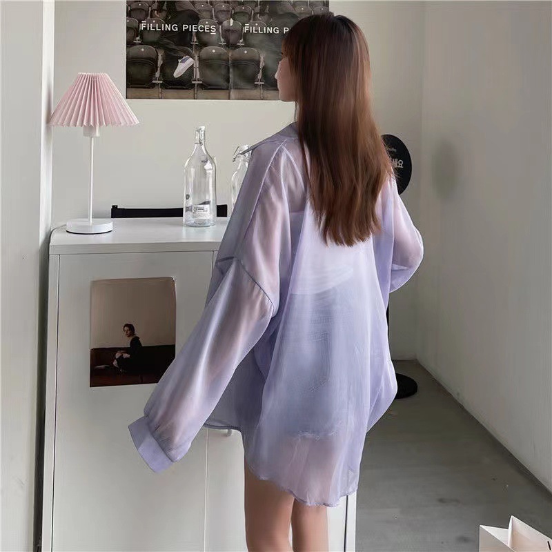Hilo de perlas de diseño delgado micro-transparente de manga larga abrigo protección solar camisa Alibaba red al por mayor 1688