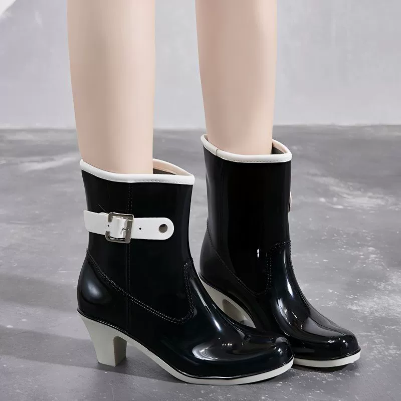 Женские резиновые сапоги в Корейском стиле на высоком каблуке, Модные непромокаемые резиновые сапоги до середины икры, нескользящая обувь для воды, резиновая обувь на стеклянном каблуке, женские водные сапоги, Европейская и американская мода