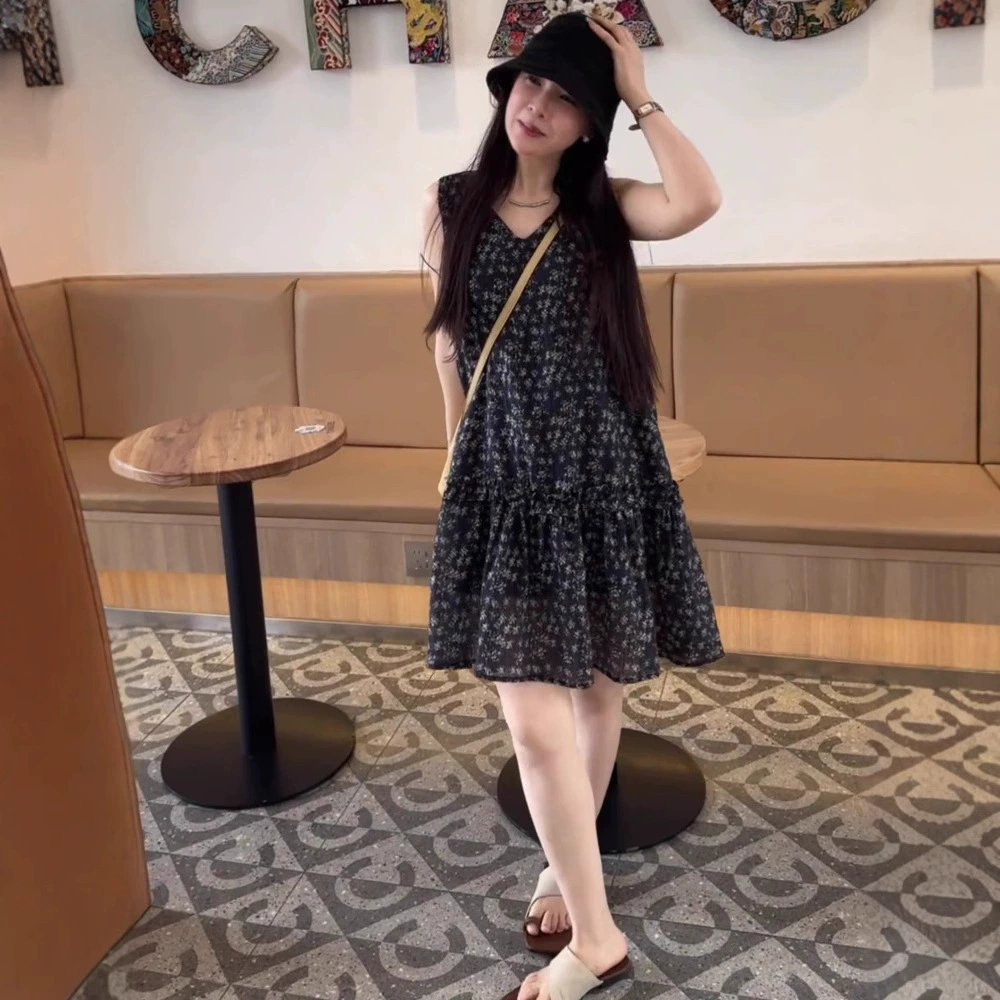 Весеннее платье-жилет нового стиля 2025 года для миниатюрных размеров, высококачественная юбка средней длины в праздничном стиле без рукавов с цветочным принтом, универсальное платье