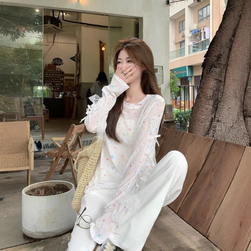 Tencel Thread Thin Printed Long-sleeved Sunscreen T-shirt Women's Summer Design Bow Lace Stitching Top