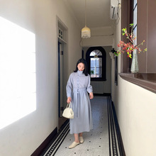 春上新【CH】意法法式复古小众立领单排扣纯色设计收腰绑带连衣裙