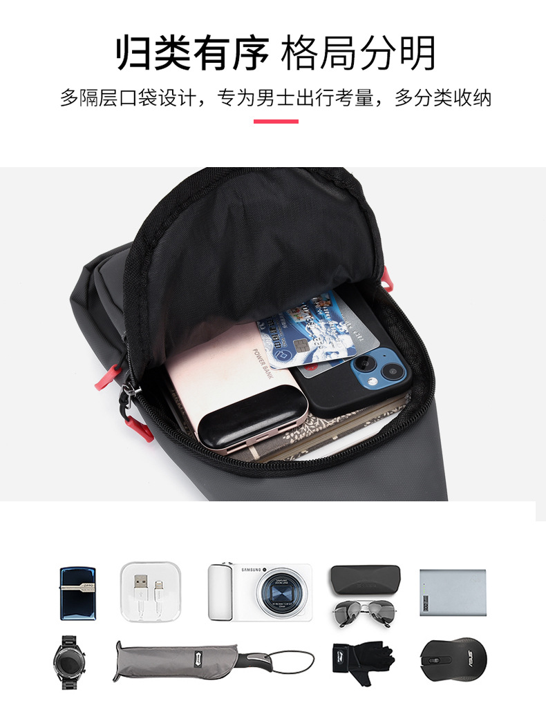 New high-quality waterproof nylon chest bag for men, simple and fashionable chest bag, large-capacity multi-layer crossbody bag, factory direct sales undefined