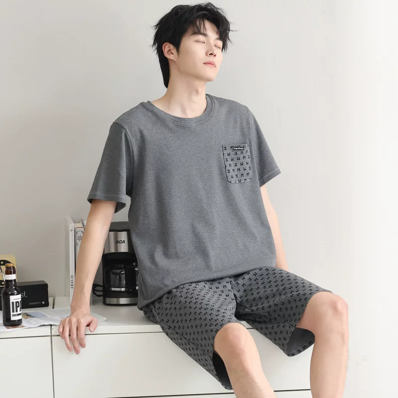 Cotton summer pijama, men's set, thin shorts for leisure, 100% cotton, with short sleeve, simple and elegant design