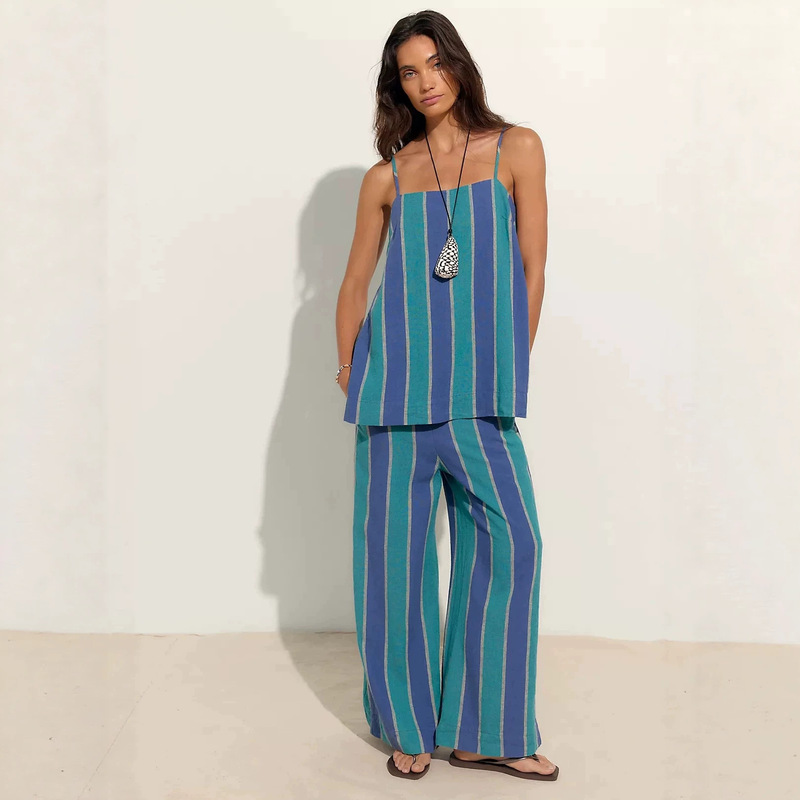 2026 Summer Ice Silk Wrinkle Vertical Stripe Set for Women European and American Style Strap Top High Waist Slimming Wide Leg Pants Casual Two-Piece Set 2026 Summer Ice Silk Wrinkle Vertical Stripe Set for Women European and American Style Strap Top High Waist Slimming Wide Leg Pants Casual Two-Piece Set