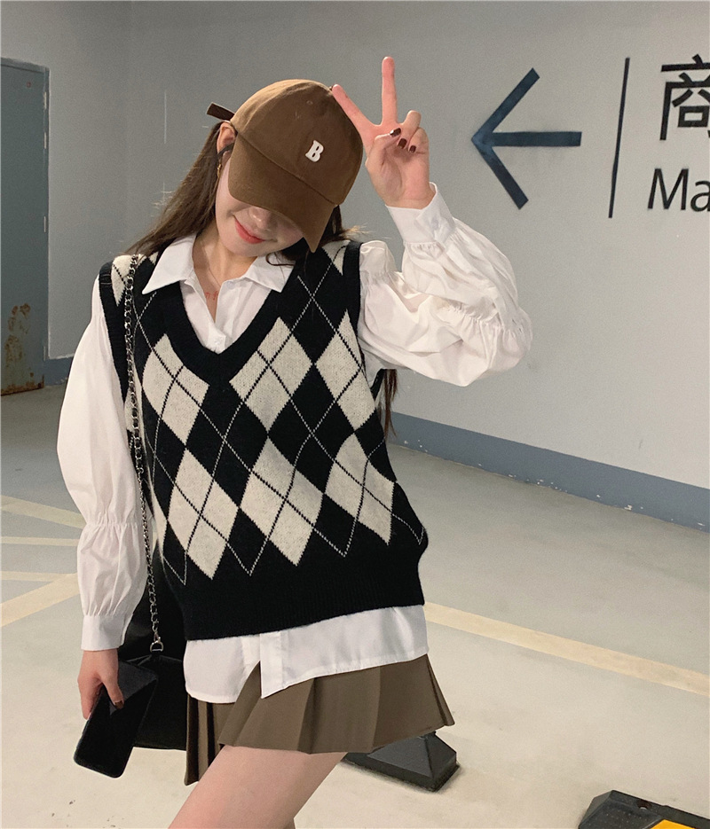 Rhombus chaleco suéter nicho chaleco primavera y otoño 2024 nuevo Popular Superior de las mujeres apiladas suéter exterior