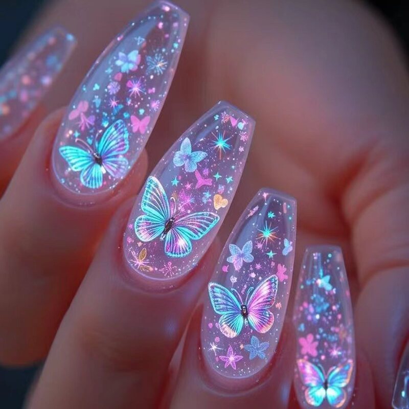 Valentine's Day Medium-Length 24-Piece Glossy Effect Multi-Color Butterfly Fake Nails Transparent Ballet Nail Art Stickers Iridescent