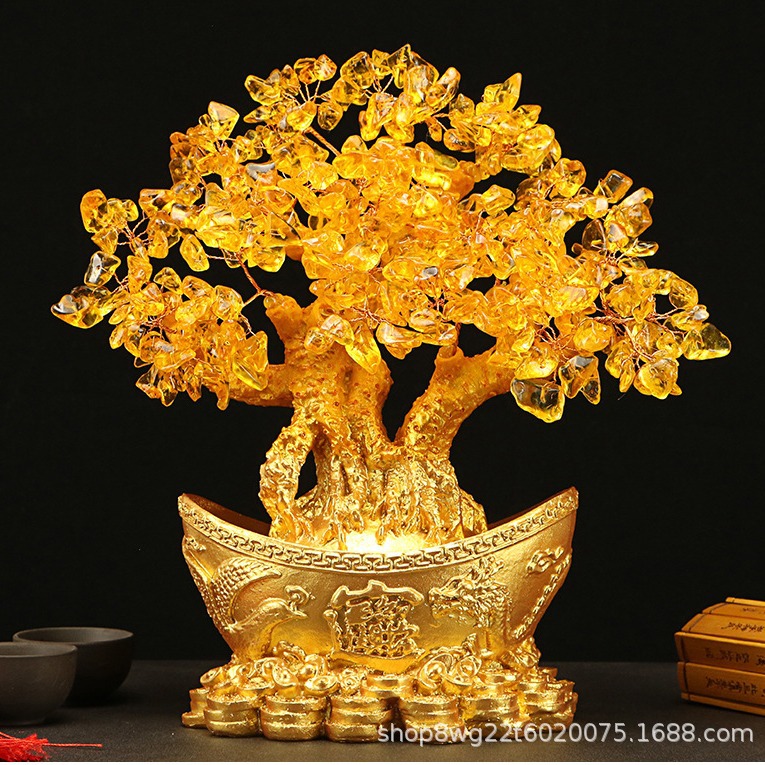 黄水晶发财树 金元宝树 摇钱树树脂摆件酒柜玄关装饰开业送礼摆件