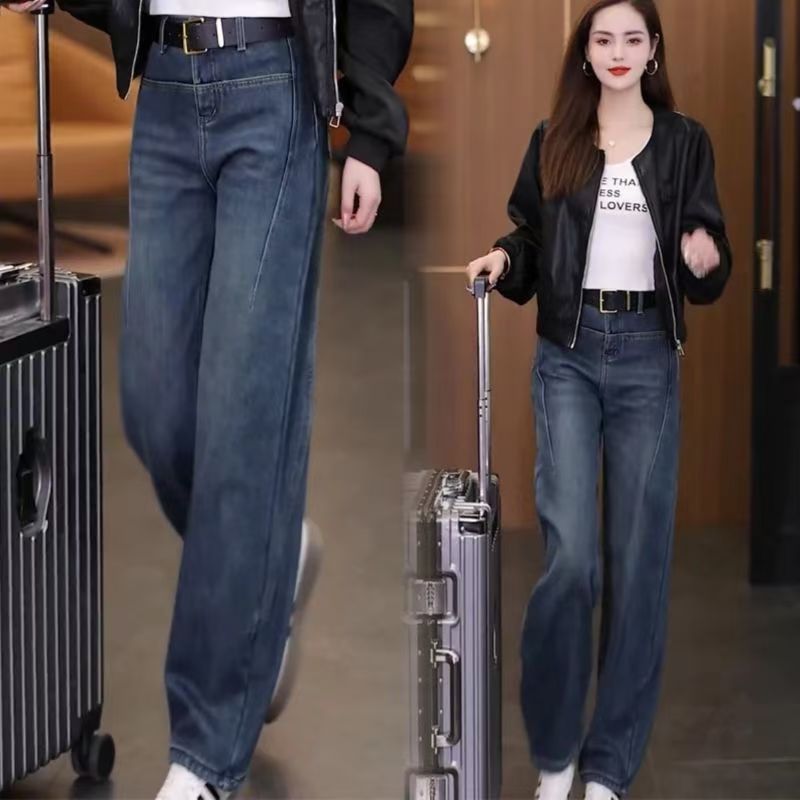 阔腿弯刀牛仔裤女2025年春秋季新款高腰宽松复古设计感直筒裤子|undefined