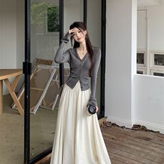 温柔风套装长袖翻领外穿开衫女2025新款秋季松紧腰阔腿裙裤两件套