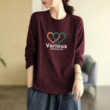 2025新款纯棉长袖t恤女秋冬季大码宽松休闲百搭高级感上衣体恤潮