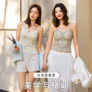 春夏6112格子睫毛蕾丝吊带背心内衣女带胸垫一体内搭外穿美背直播