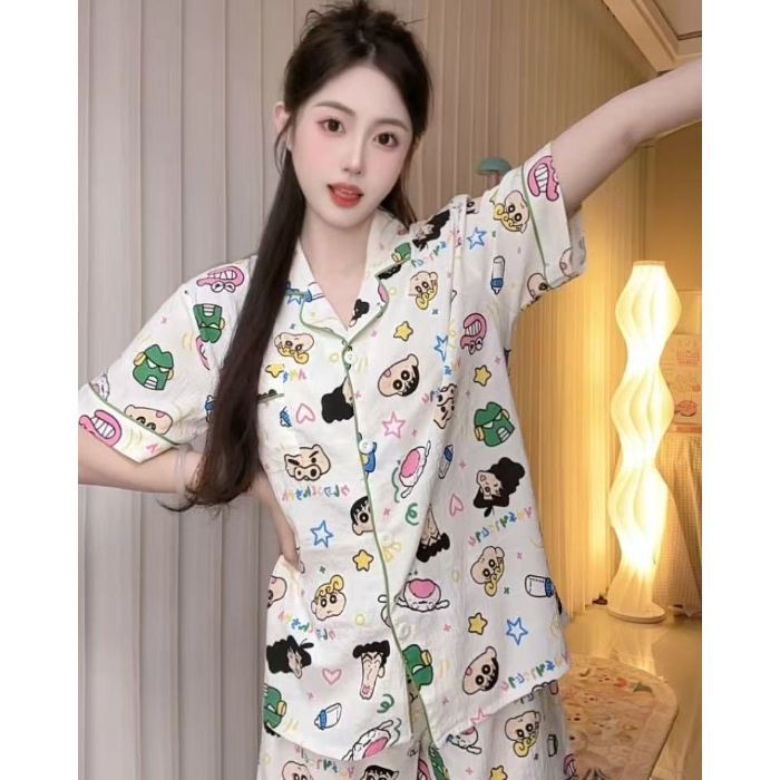 Comercio exterior transfronterizo verano nuevo pijama mujer nube solapa de algodón pantalones cortos de manga corta cardigan dulce y lindo traje de servicio a domicilio