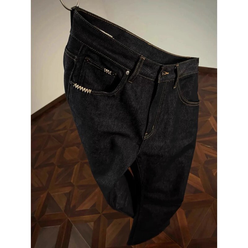 Black Cow Hand-Stitched Design Retro Washed 13 oz Raw Cow Jeans Straight-Leg Trousers Jeans Black Cow Hand-Stitched Design Retro Washed 13 oz Raw Cow Jeans Straight-Leg Trousers Jeans