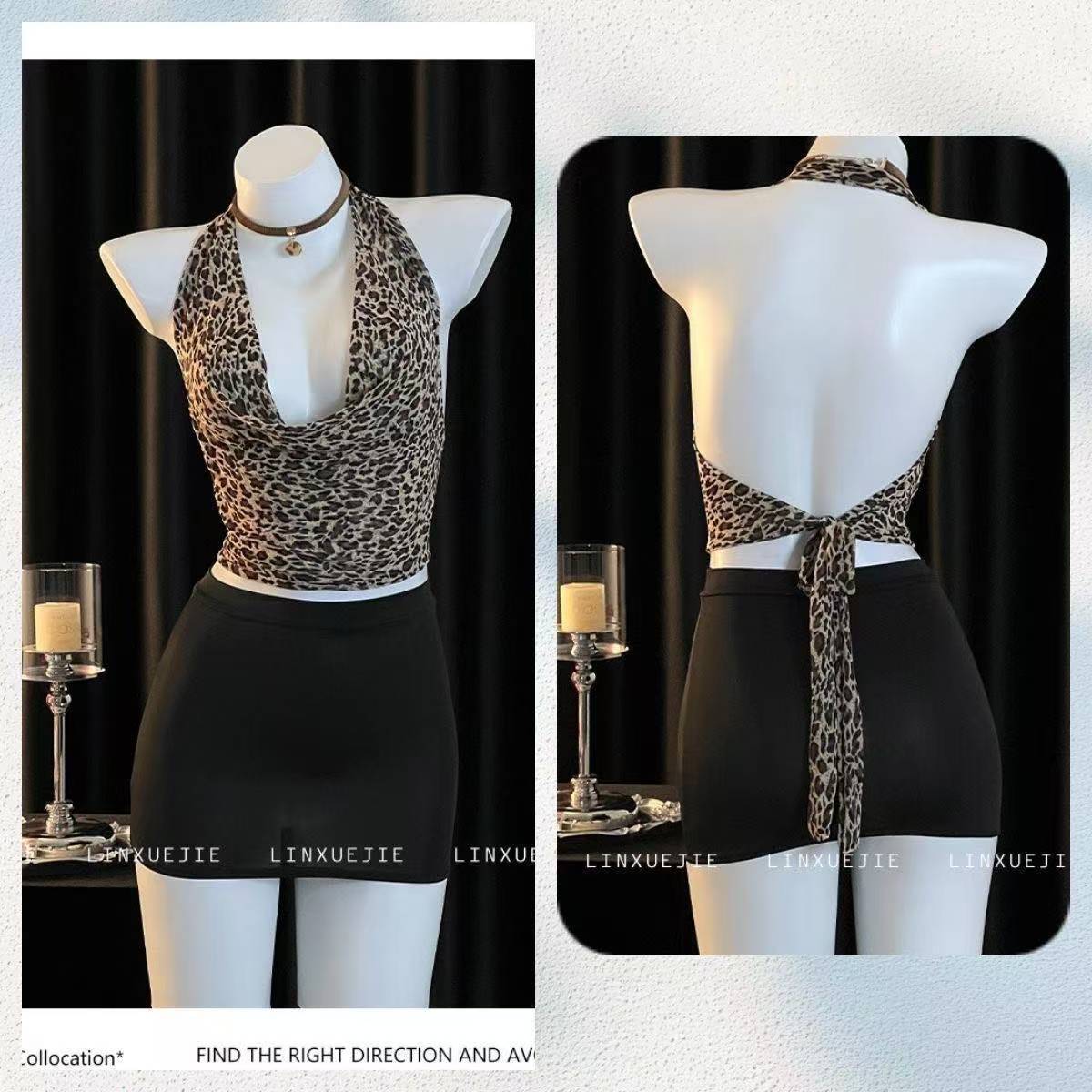 Leopard Print Open-Bust Secretary Costume Bodysuit, One Size Polyester Lingerie Set — detail image 1