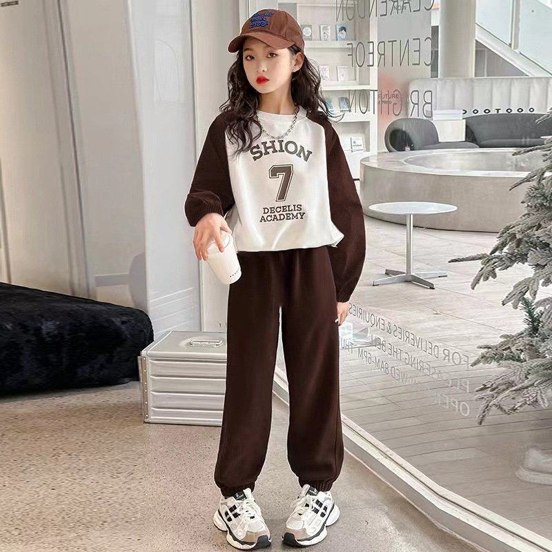 Felpa con cappuccio per ragazze 2024 Autunno Nuovo Medio e Grande Stile Occidentale Tempo Libero Sport Manica Lunga Bambini Due Pezzi Set_voghion.com