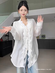 大码气质白色蕾丝拼接V领长袖衬衫设计感宽松长款漂亮上衣女