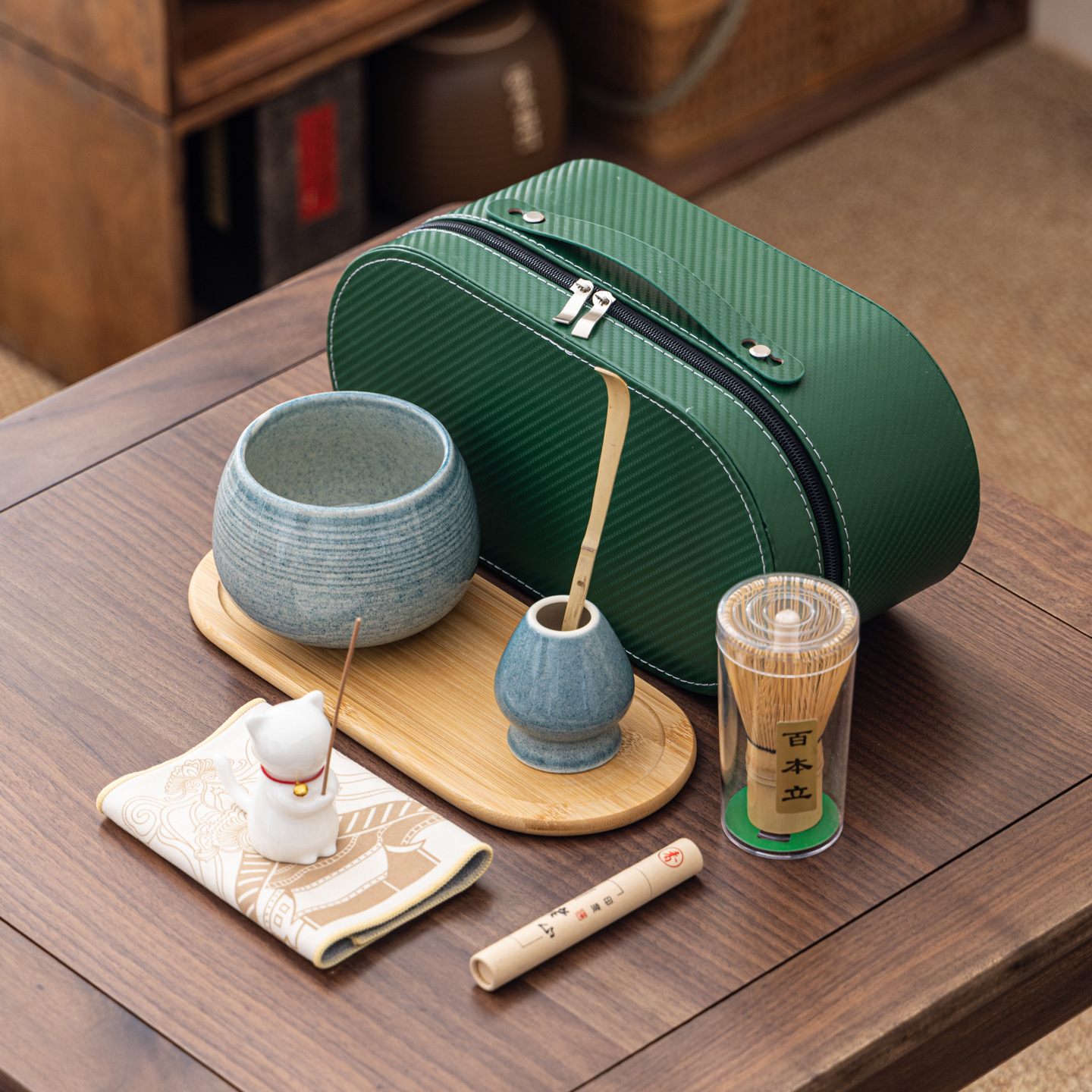 Cuenco de matcha corrugado caja de cuero set adorable gatito Xiangdao ocho piezas set punto té 100 tazas de té