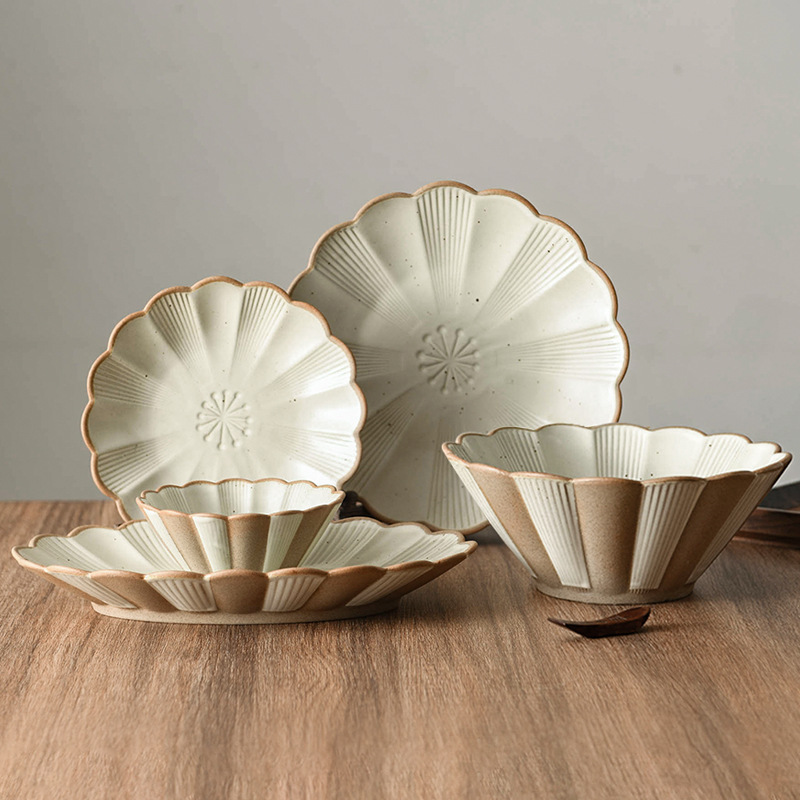 Xitian Wood yuhuachu stoneware Bucket Bowl soup bowl vintage flower-shaped large plate ceramic tableware suit bowl dish plate household