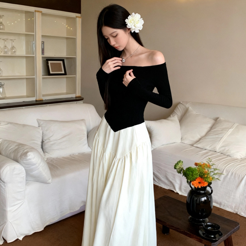 Off-shoulder long-sleeve dress for women, autumn and winter French style, elegant birthday party dress, A-line princess gown Off-shoulder long-sleeve dress for women, autumn and winter French style, elegant birthday party dress, A-line princess gown
