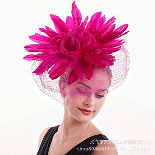 European and American Exaggerated Feather Bride Topper Retro Double Mesh Hair Flower Hair Accessories Topper Wholesale Horse Racing Festival Headwear