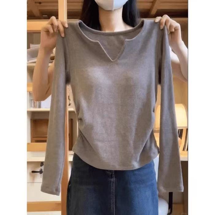 Cross-Border Wholesale Autumn and Winter Modal 260g V-Neck Slim Fit Long-Sleeved T-Shirt with Chest Pad for Women