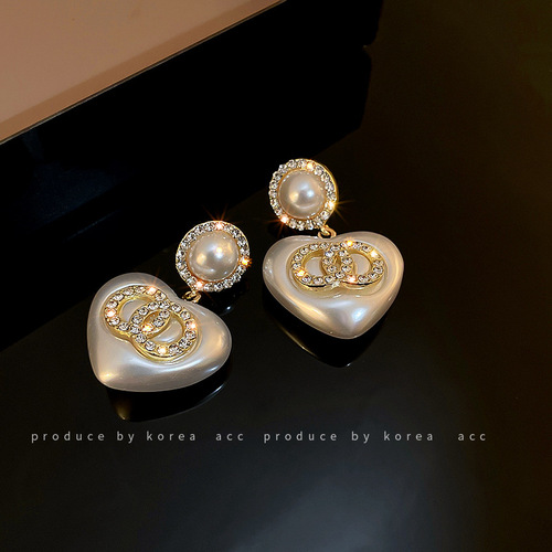 925 silver needle set with diamonds and pearls double circle love earrings French retro trendy earrings autumn and winter exquisite earrings for women