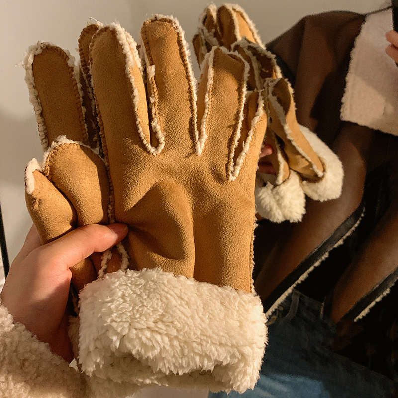 Wildleder-Fünffingerhandschuhe für Damen für den Winter, warm, samtig, winddicht und kältebeständig, für Elektrofahrzeuge, süß im Winter_voghion.com