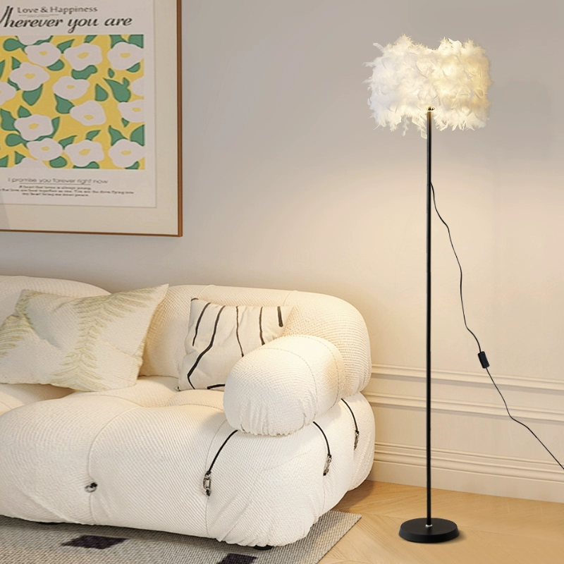 Floor Lamp, Modern LED 12W, Remote & Dimming Options, White/Black Pole with Beige/White Shade