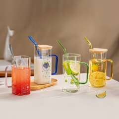 高ホウ素シリコングラスinsスケールストロー耐熱カップ家庭用高颜値プリントカップ少女心プレゼント