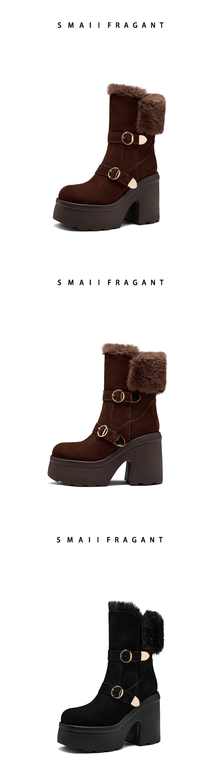 Boot nữ cổ cao ôm bắp chân đế dày 12 cm mũi tròn khóa thắt lưng — nhung nâu chi tiết 8