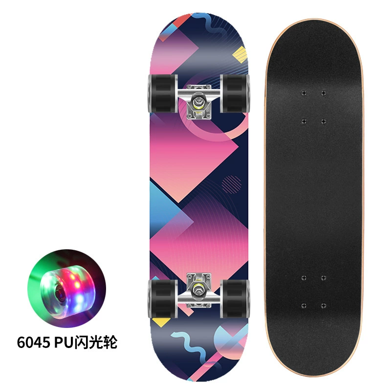 Polyurethane flash skateboard, 80×20 cm, double-kick deck, 6045 PU wheels, 300 lb load