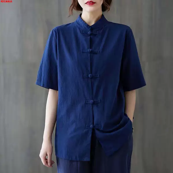 Cotton and Linen Vintage Collar Chinese Buckle Top Summer Taiji Clothing Women's Zen Loose plus size Coat Tea Clothing Tang Suit