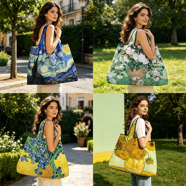 Amazon's Best-Selling Oil Painting Series Foldable Single-Shoulder Shopping Bag, Large-Capacity Grocery Bag, Portable Eco-Friendly Shopping Bag