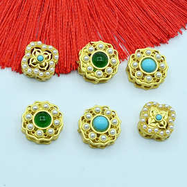 铜镀金配件镶嵌镂空绿松蜻蜓眼珍珠铜钱隔珠diy饰品挂件吊坠