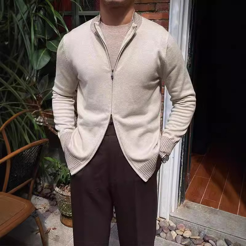 Color Blocked Double Zipper Knitted Sweater Men's Sweater Jacket Stand Up Collar Slim Fit Casual Cardigan Top_voghion.com