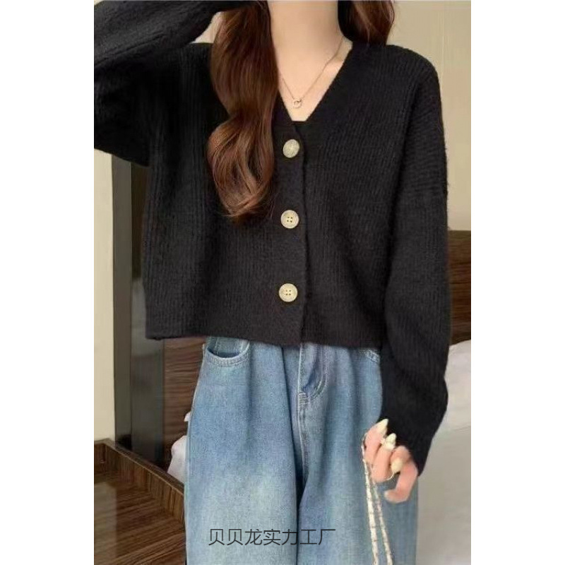 V领针织开衫女宽松慵懒风长袖毛衣外套披肩外搭短款毛衣LD代发