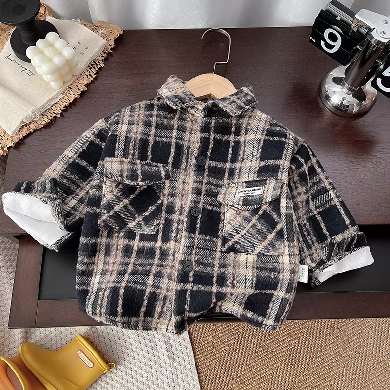 儿童格子袋盖衬衫2024新款男童秋冬季加绒衬衣男孩韩版冬装上衣潮