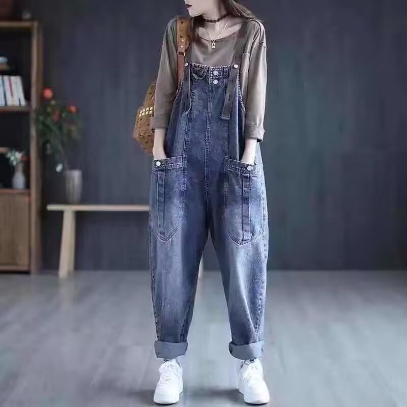 Chubby Girl Jeans Suspender Pants Women's 2023 Spring and Autumn New Large Size Korean Style Loose Slimming Harem Casual Jeans