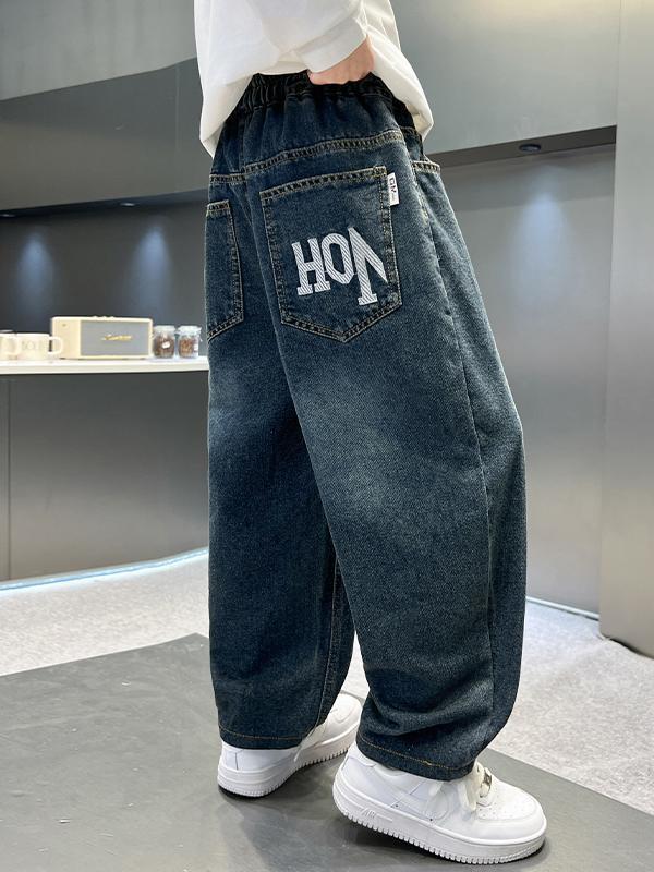 男の子用パンツ 春物ジーンズ 子供用秋物カジュアルパンツ 2025年トレンド 大きな子供向け韓国風長ズボン レタープリント|undefined